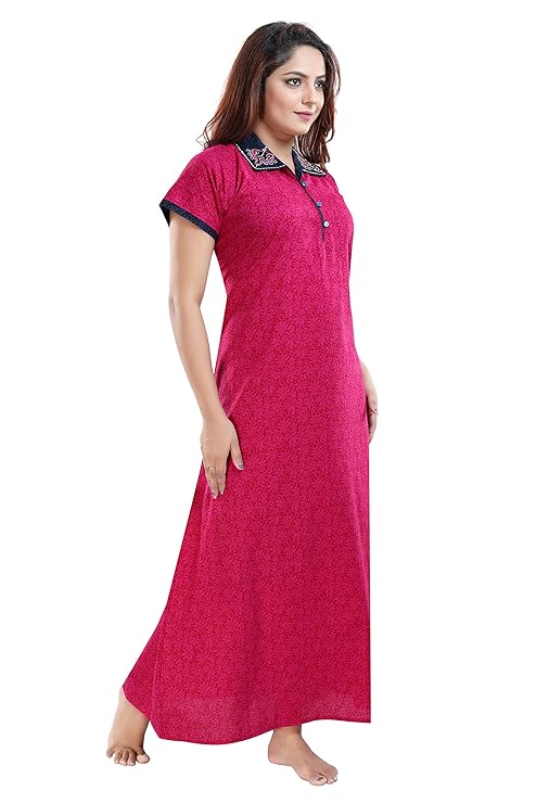 Zairra Embroidered Cotton Maxi Nightgown for Women – Dark Pink with Contrast Collar