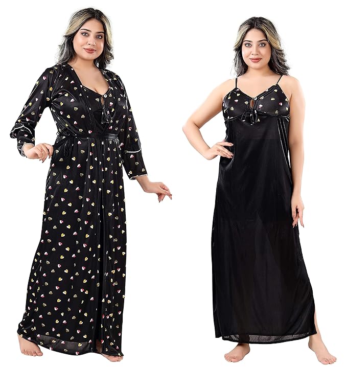 Zairra Sleeveless Satin Maxi Nighty with Matching Robe – Black, Free Size