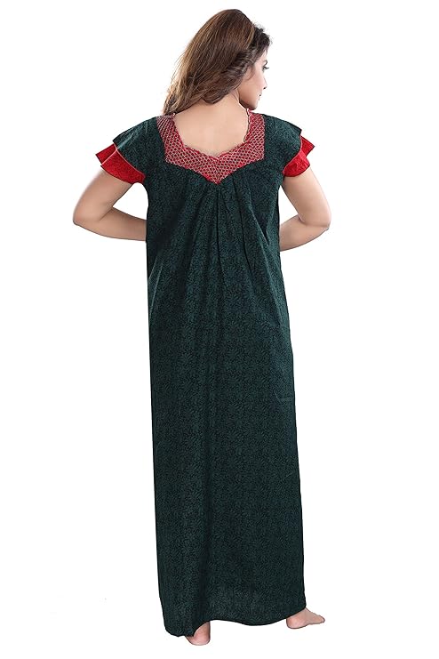 Zairra Cotton Printed Maxi Nightgown for Women – Deep Green with Red Contrast Neckline