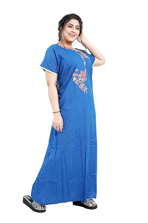 Zairra Embroidered Cotton Nightgown for Women – Royal Blue with Floral Embroidery