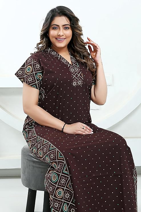 Zairra Women Cotton Nighty – Maroon with Ethnic Embroidery - Breathable Comfort for Daily Wear