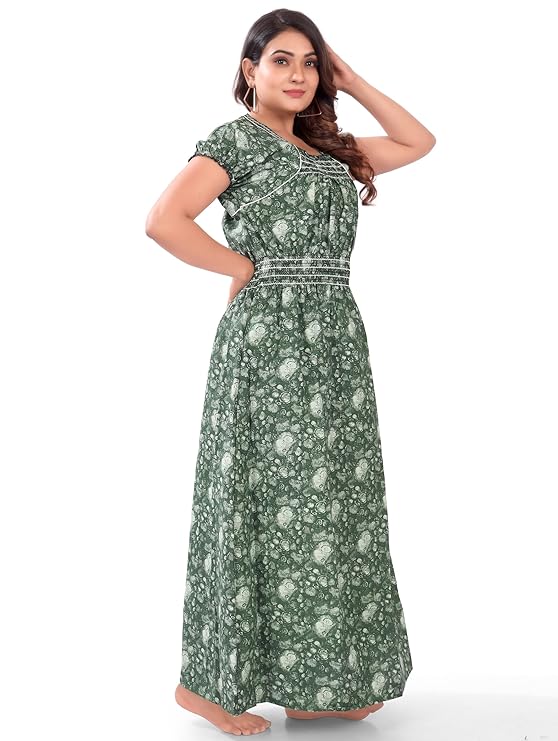 Zairra Women’s Cotton Nightgown – Dark Green with White Floral Tie-Dye Print