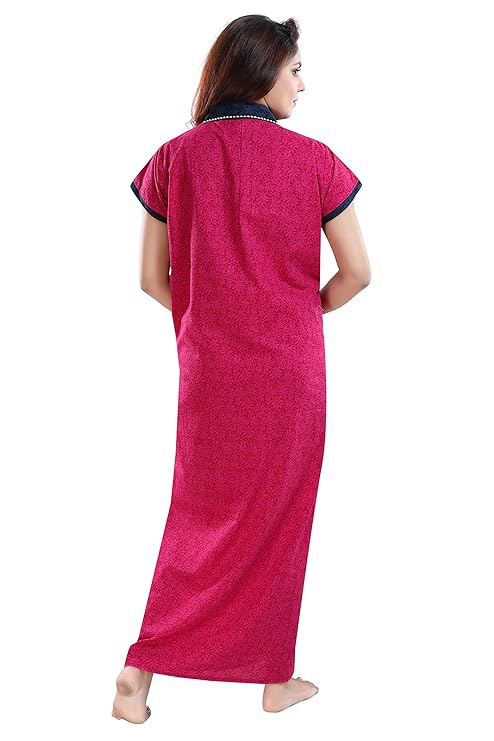 Zairra Embroidered Cotton Maxi Nightgown for Women – Dark Pink with Contrast Collar