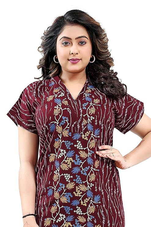 Zairra Brown Printed Cotton Nighty for Women – Front Zipper, Maxi Fit, Soft Cotton