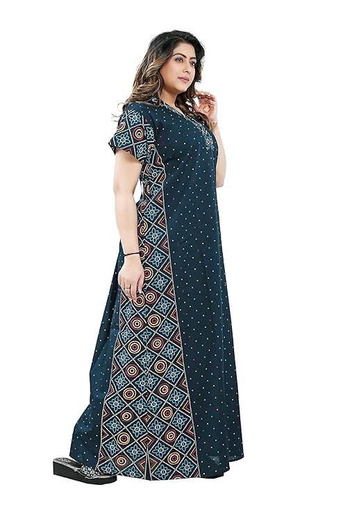 Zairra Women Cotton Nighty – Navy Blue with Ethnic Yoke & Side Panel - Soft Pull-On Maxi Nightwear