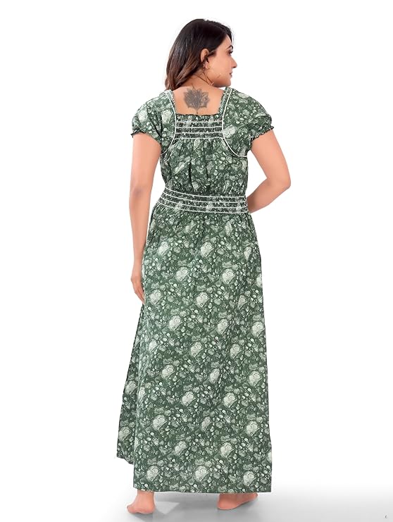 Zairra Women’s Cotton Nightgown – Dark Green with White Floral Tie-Dye Print