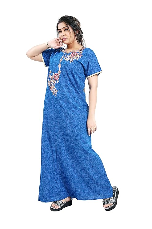 Zairra Embroidered Cotton Nightgown for Women – Royal Blue with Floral Embroidery