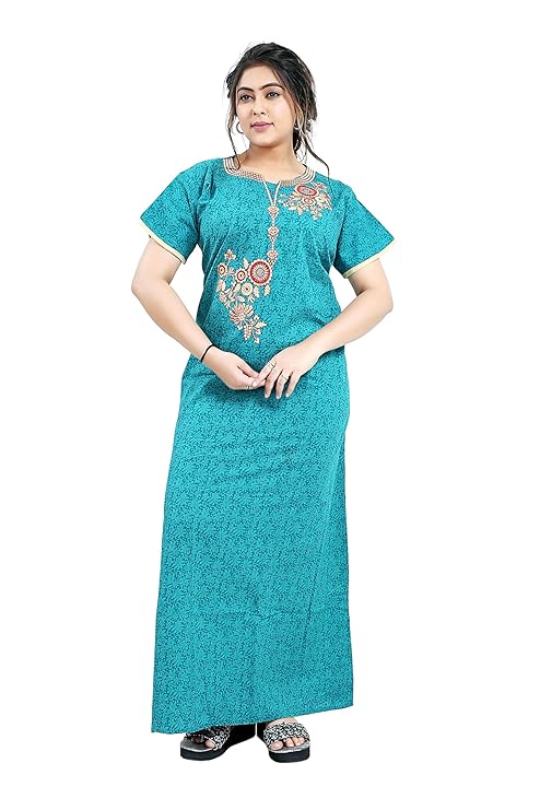 Teal blue cotton nightgown with floral embroidery
