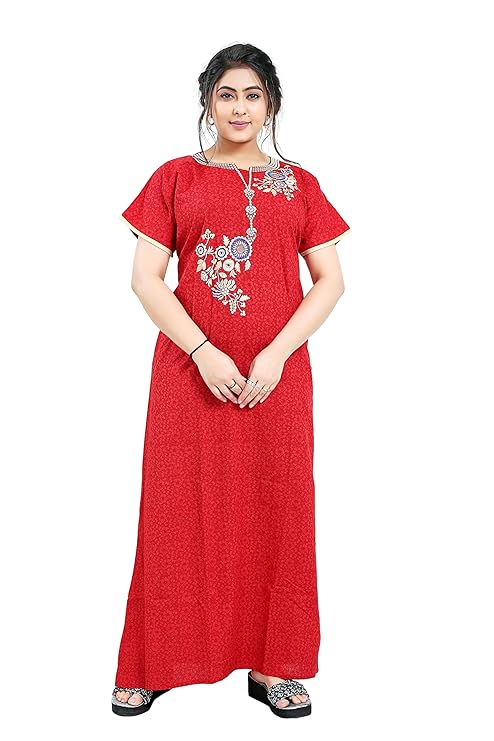 Zairra Embroidered Cotton Nightgown for Women – Deep Red with Floral Embroidery
