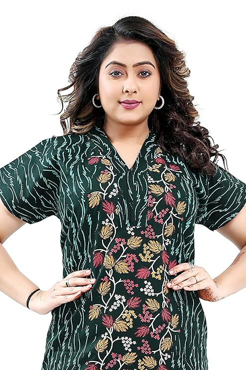 Zairra Green Printed Cotton Nighty for Women – Front Zipper, Relaxed Maxi Fit