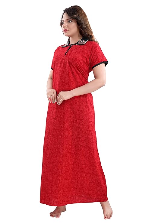 Zairra Embroidered Cotton Full-Length Nightgown with Collar Neck for Women – Red with Black Embroidery, Free Size