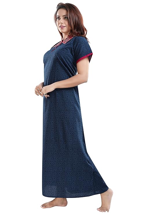 Zairra Women’s Solid Cotton Maxi Nightgown – Navy Blue with Contrast Embroidered Collar