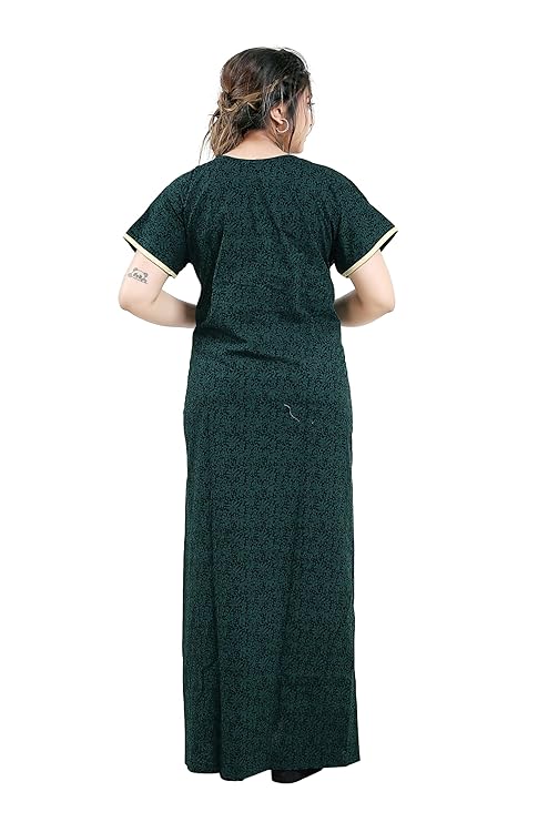Zairra Embroidered Cotton Maxi Nighty for Women – Deep Green