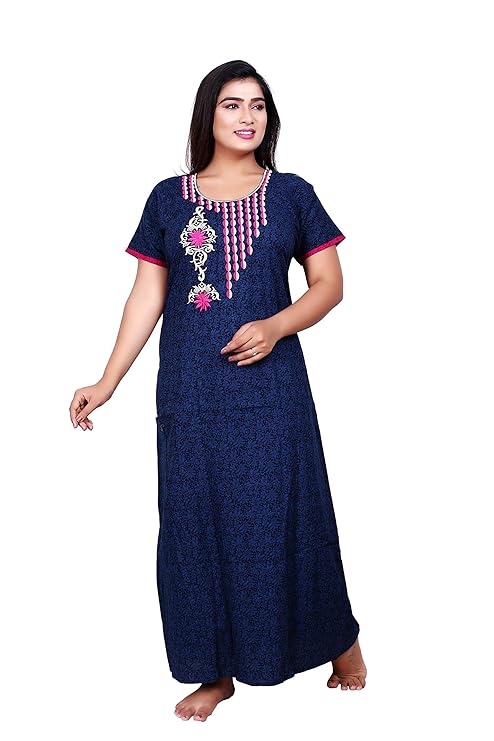 Zairra Women’s Embroidered Cotton Maxi Nightgown – Navy Blue with Pink Floral Yoke Detailing