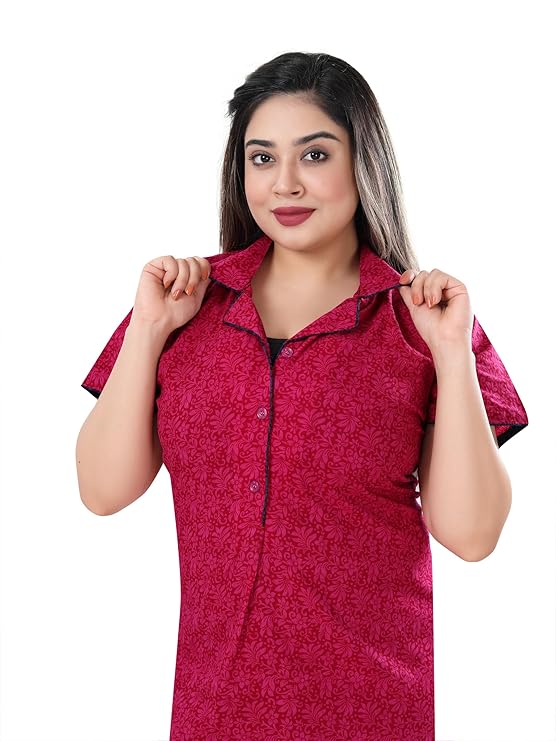 Zairra Pink Printed Cotton Maxi Nighty for Women – Button Front, Free Size
