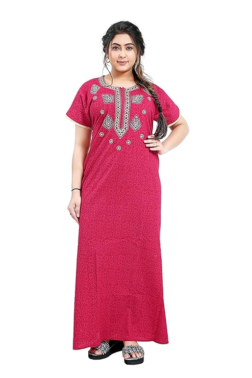 Zairra Embroidered Cotton Nighty for Women – Magenta Pink with Zipper Closure