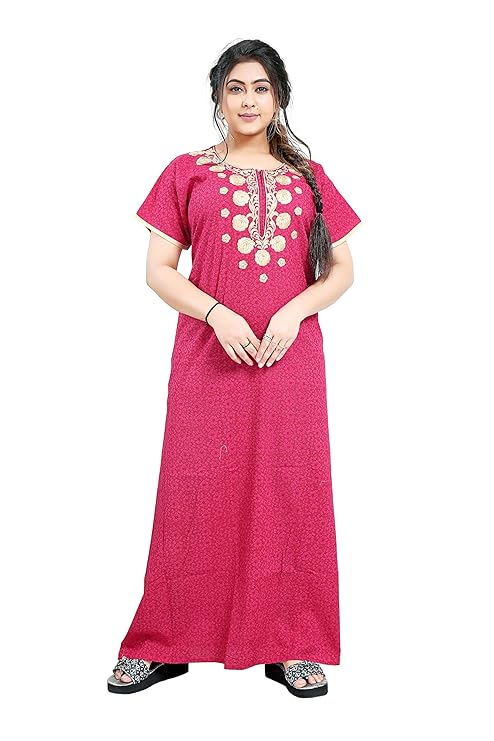 Zairra Printed Cotton Zipper Nightdress for Women – Dark Rose Pink with Golden Embroidery