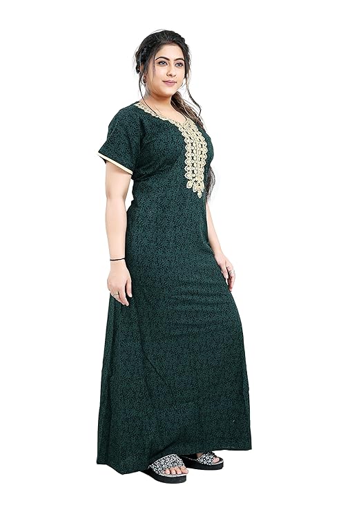 Zairra Embroidered Cotton Maxi Nighty for Women – Deep Green