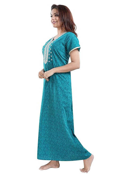 Zairra Solid Cotton Maxi Nightgown – Rama Green, Free Size