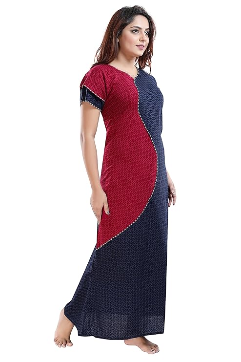 Zairra Women’s Cotton Printed Maxi Nightgown – Dual Tone Comfort in Navy & Maroon