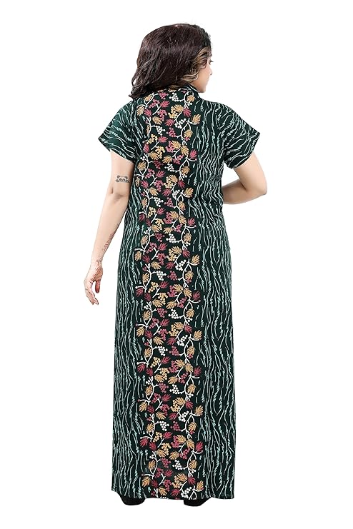 Zairra Green Printed Cotton Nighty for Women – Front Zipper, Relaxed Maxi Fit
