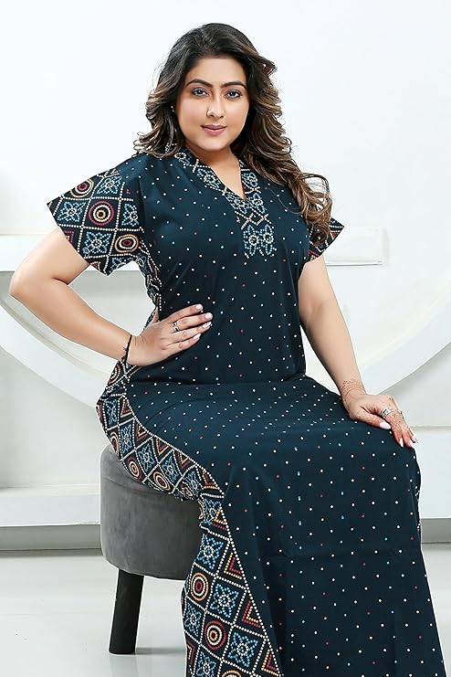 Zairra Women Cotton Nighty – Navy Blue with Ethnic Yoke & Side Panel - Soft Pull-On Maxi Nightwear