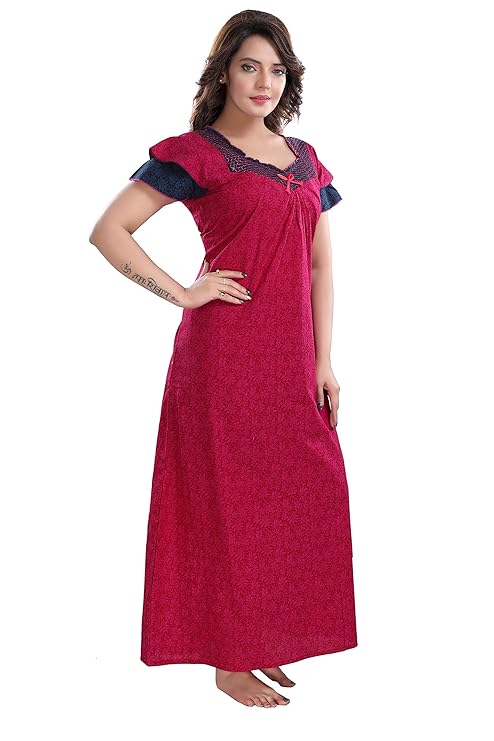 Zairra Embroidered Cotton Maxi Nightgown – Pink & Blue, Free Size