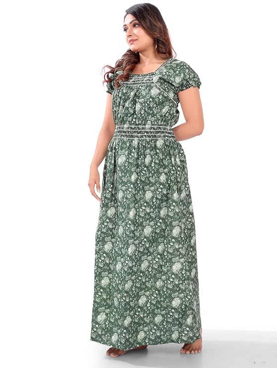 Zairra Women’s Cotton Nightgown – Dark Green with White Floral Tie-Dye Print