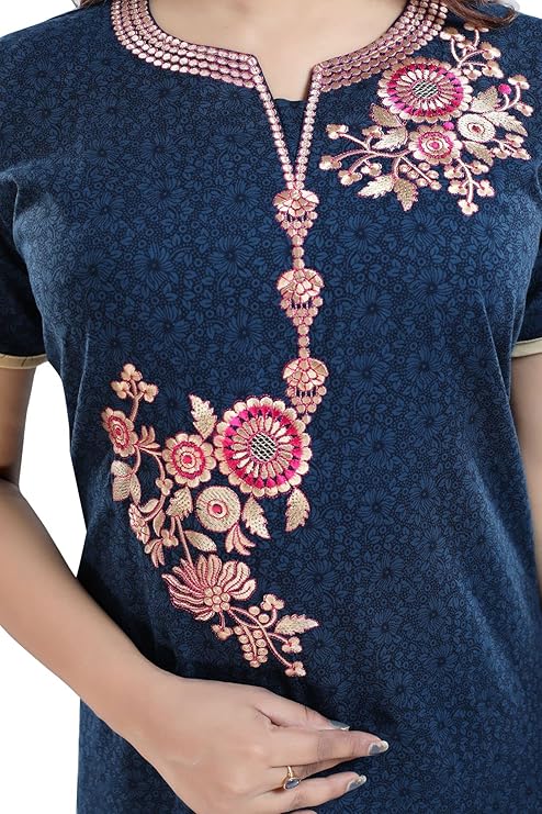 Zairra Embroidered Cotton Full-Length Maxi Nighty for Women – Navy Blue with Floral Embroidery, Free Size