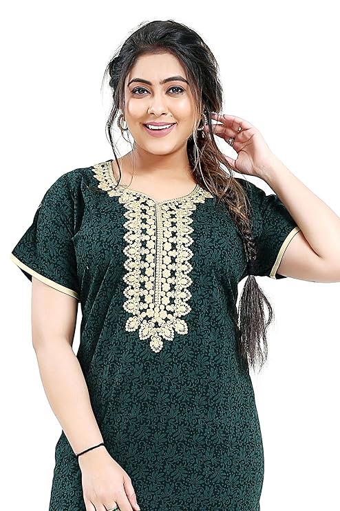 Zairra Embroidered Cotton Maxi Nighty for Women – Deep Green