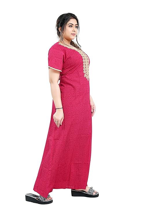 Zairra Embroidered Cotton Maxi Nighty for Women – Pink