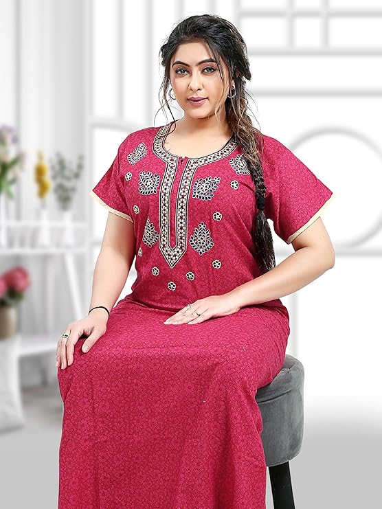 Zairra Embroidered Cotton Nighty for Women – Magenta Pink with Zipper Closure