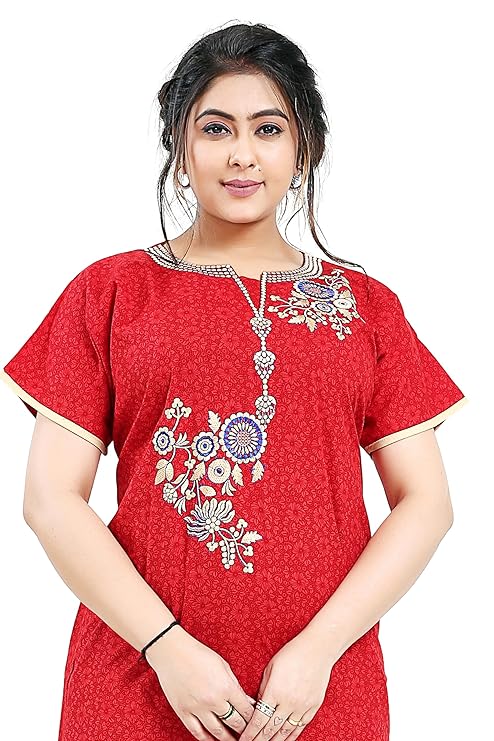 Zairra Embroidered Cotton Nightgown for Women – Deep Red with Floral Embroidery
