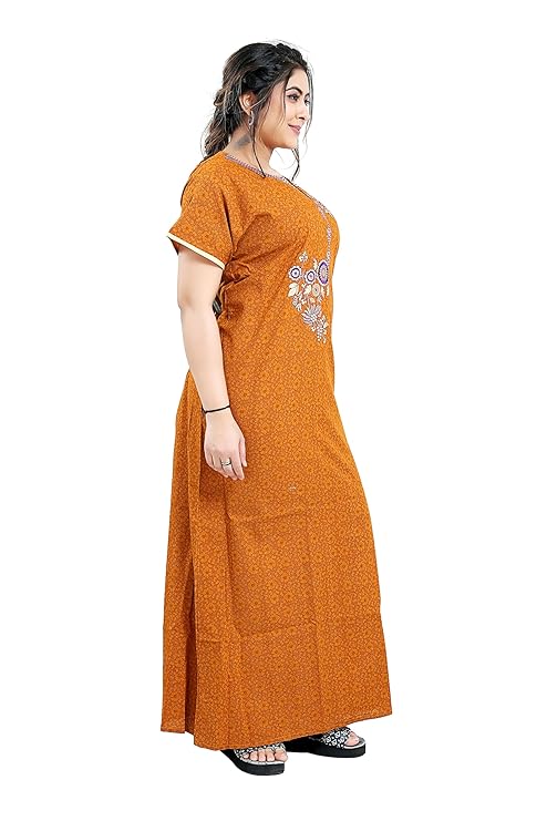 Zairra Embroidered Cotton Nightgown for Women – Rust Orange with Floral Neck Embroidery