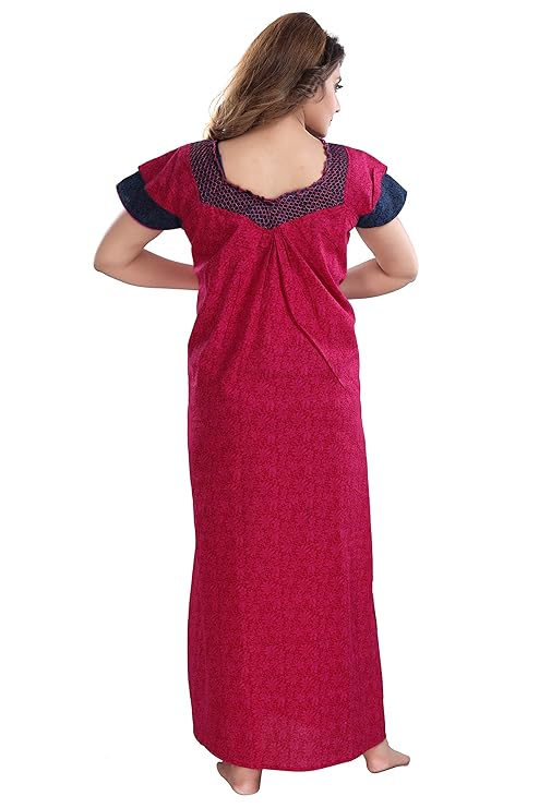 Zairra Embroidered Cotton Maxi Nightgown – Pink & Blue, Free Size