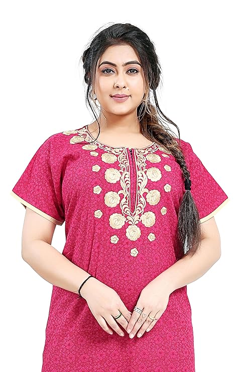 Zairra Printed Cotton Zipper Nightdress for Women – Dark Rose Pink with Golden Embroidery