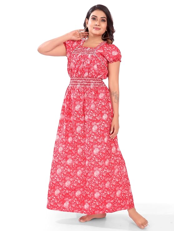Zairra Women’s Cotton Nightgown – Pink Abstract Printed Maxi Nightwear