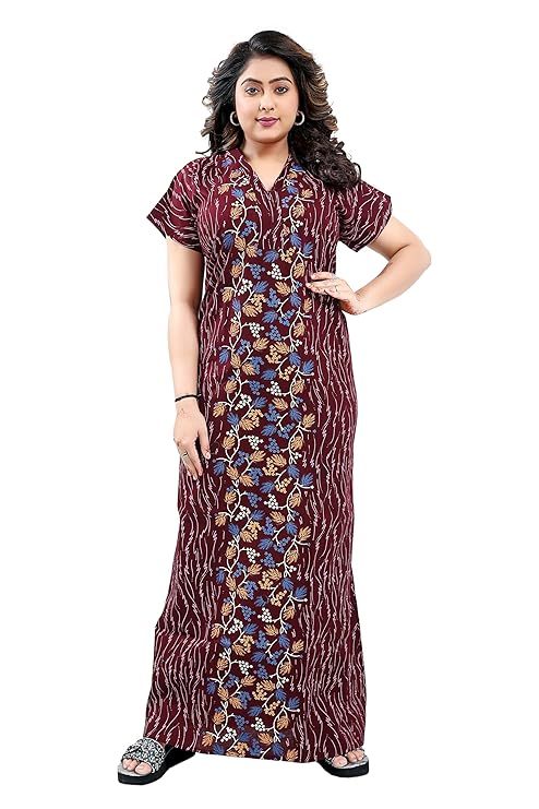 Zairra Brown Printed Cotton Nighty for Women – Front Zipper, Maxi Fit, Soft Cotton