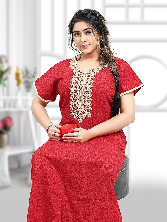 Zairra Red Embroidered Cotton Nighty for Women