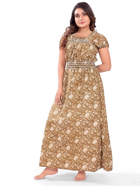 Zairra Women’s Cotton Nightgown – Golden Printed Maxi Sleepwear