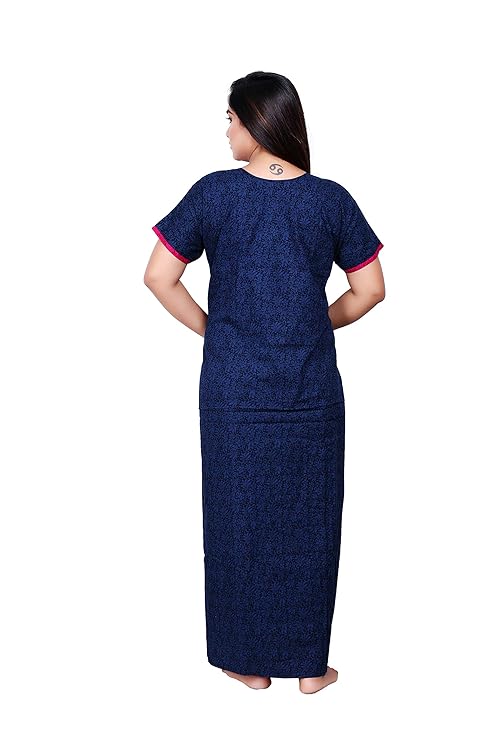 Zairra Women’s Embroidered Cotton Maxi Nightgown – Navy Blue with Pink Floral Yoke Detailing