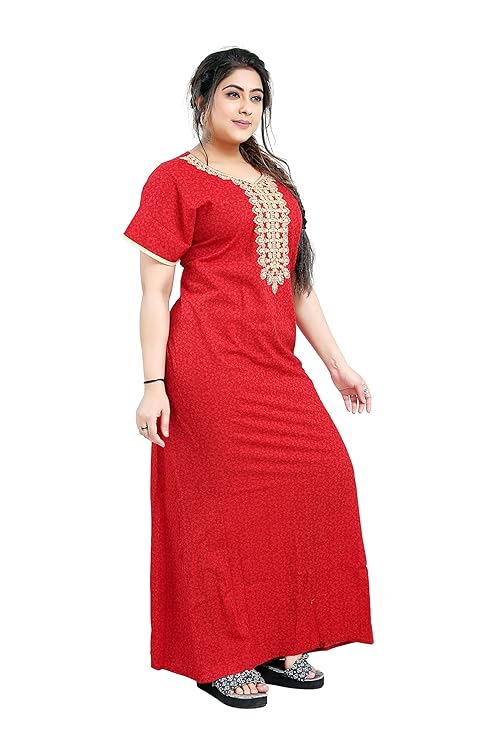 Zairra Red Embroidered Cotton Nighty for Women