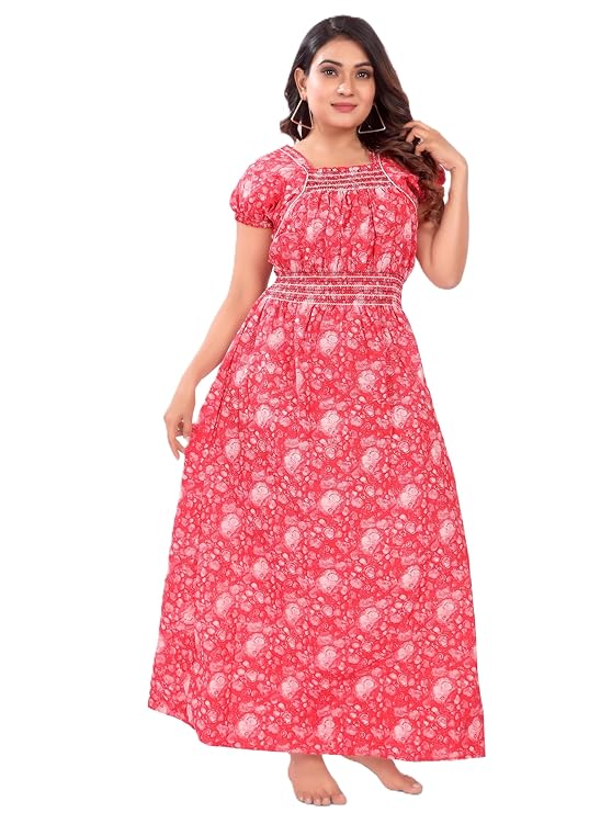 Zairra Women’s Cotton Nightgown – Pink Abstract Printed Maxi Nightwear
