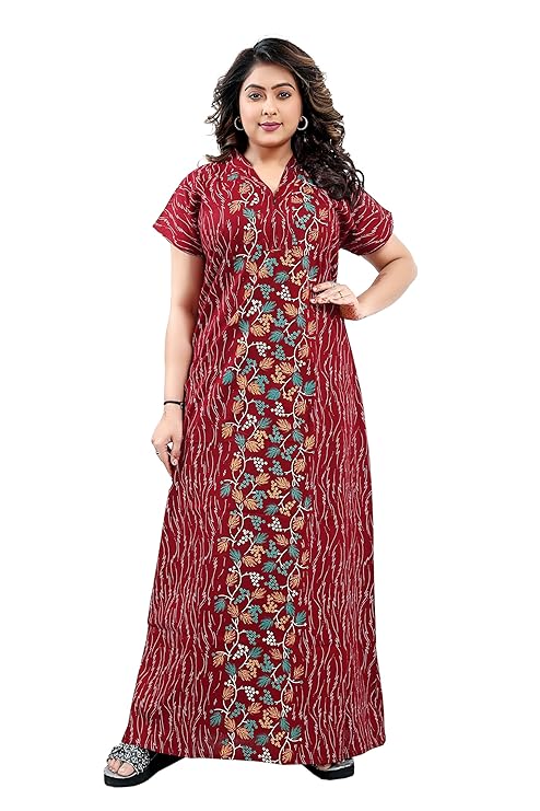 Zairra Red Cotton Nighty for Women – Front Zip, Full-Length, 100% Cotton