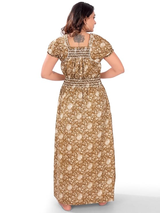Zairra Women’s Cotton Nightgown – Golden Printed Maxi Sleepwear