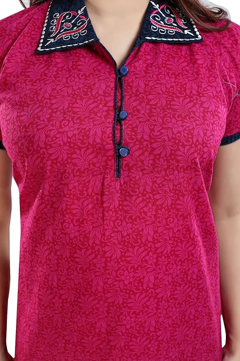 Zairra Embroidered Cotton Maxi Nightgown for Women – Dark Pink with Contrast Collar