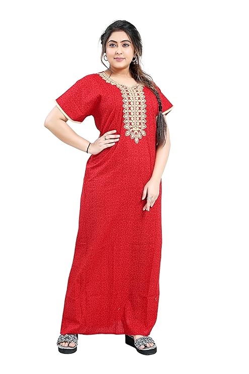 Zairra Red Embroidered Cotton Nighty for Women