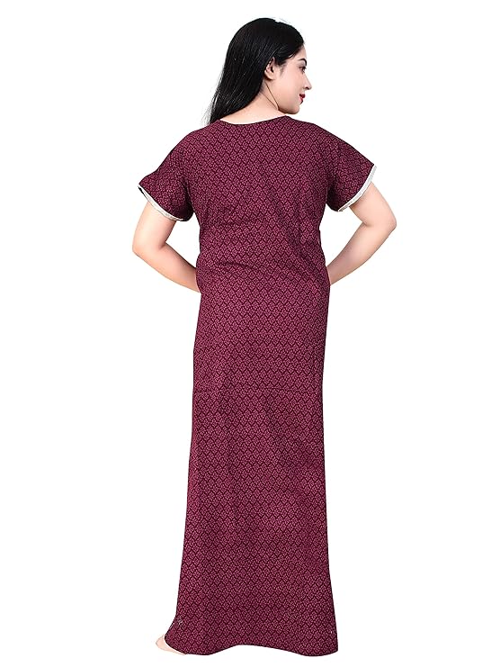 Zairra Women’s Cotton Printed Maxi Nightgown – Maroon with Golden Embroidered Yoke (Free Size, Zipper Closure)