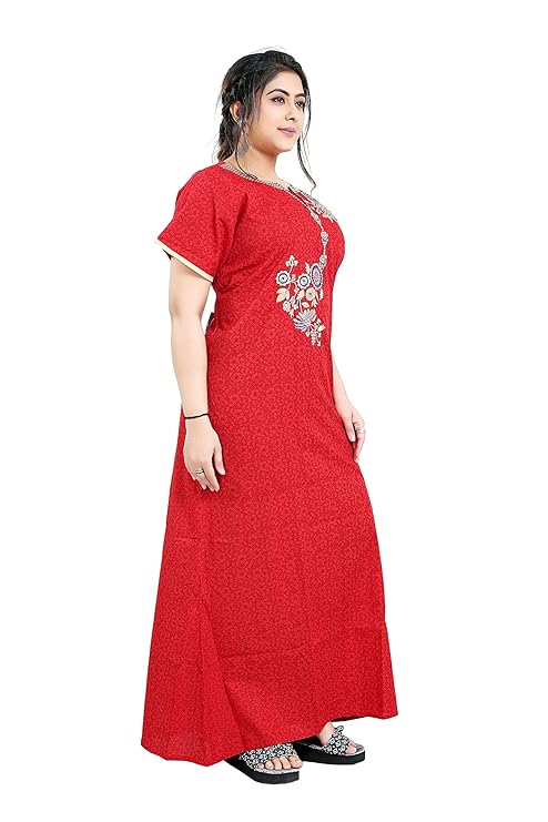 Zairra Embroidered Cotton Nightgown for Women – Deep Red with Floral Embroidery
