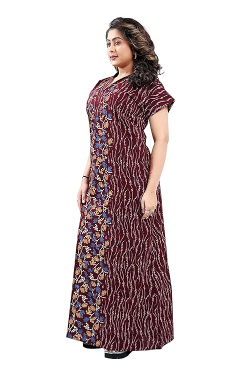 Zairra Brown Printed Cotton Nighty for Women – Front Zipper, Maxi Fit, Soft Cotton